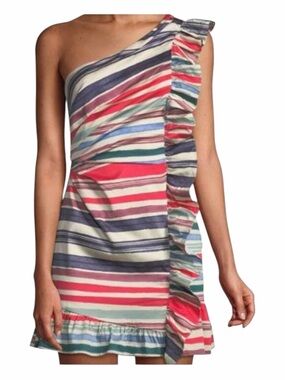 NWT! Red Carter Cotton-Blend Ruffled Striped One Shoulder Mini Dress Size Medium